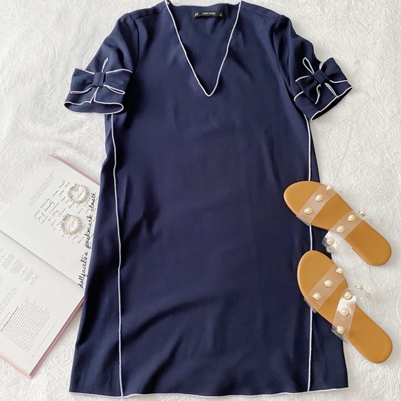 Zara Dresses & Skirts - Zara Bow Sleeve Navy Blue Dress W/White Stitching